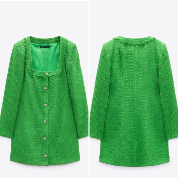 ZARA Kelly Green Textured Tweed Mini Dress Jewel Buttons NWT S Blogger Favorite - Picture 2 of 16